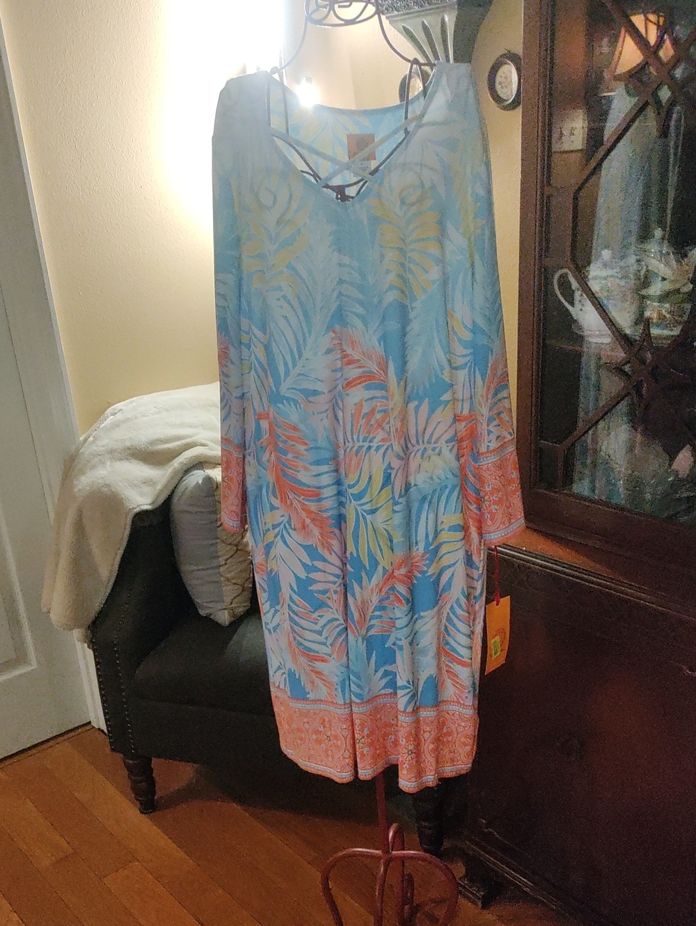 Ruby Rd. Blue Maxi Skirt with Coral and Yellow Tropical Print